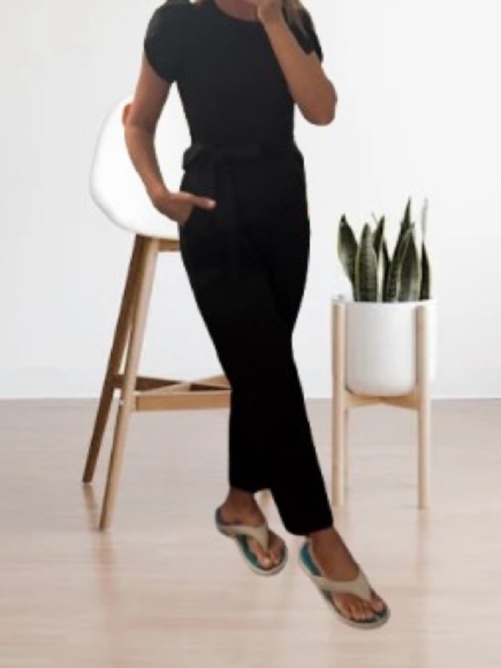 Calvin Klein Black Short-Sleeve Tie-Waist Jumpsuit